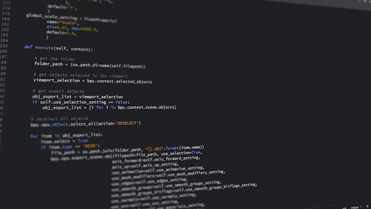 services-01 Close-up view of Python code on a computer screen, reflecting software development and programming.